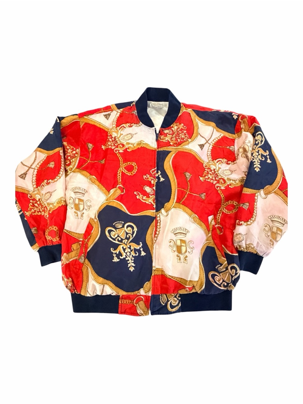 VTG 100% Silk Regal Scarf Print Bomber Jacket One Size Red Navy Baroque Gold